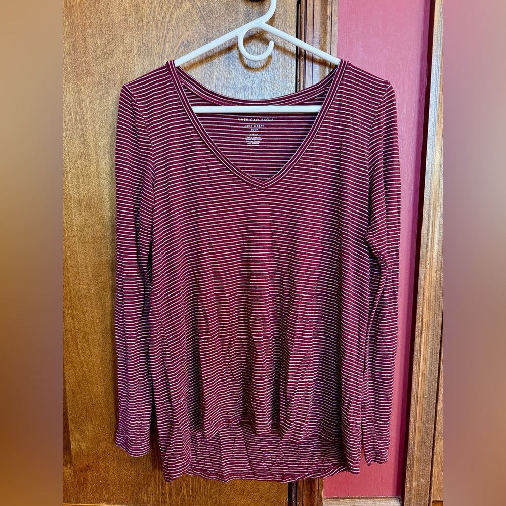 American Eagle Outfitters Burgundy Striped Long Sleeve Tee